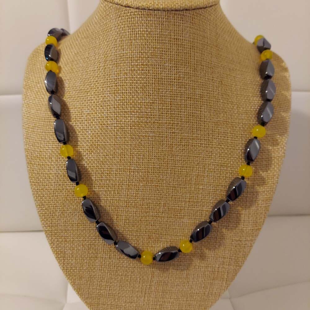 Aluma USA Marked 925 Sterling Hematite Yellow Chalcedony 28" Necklace 4.4 Oz